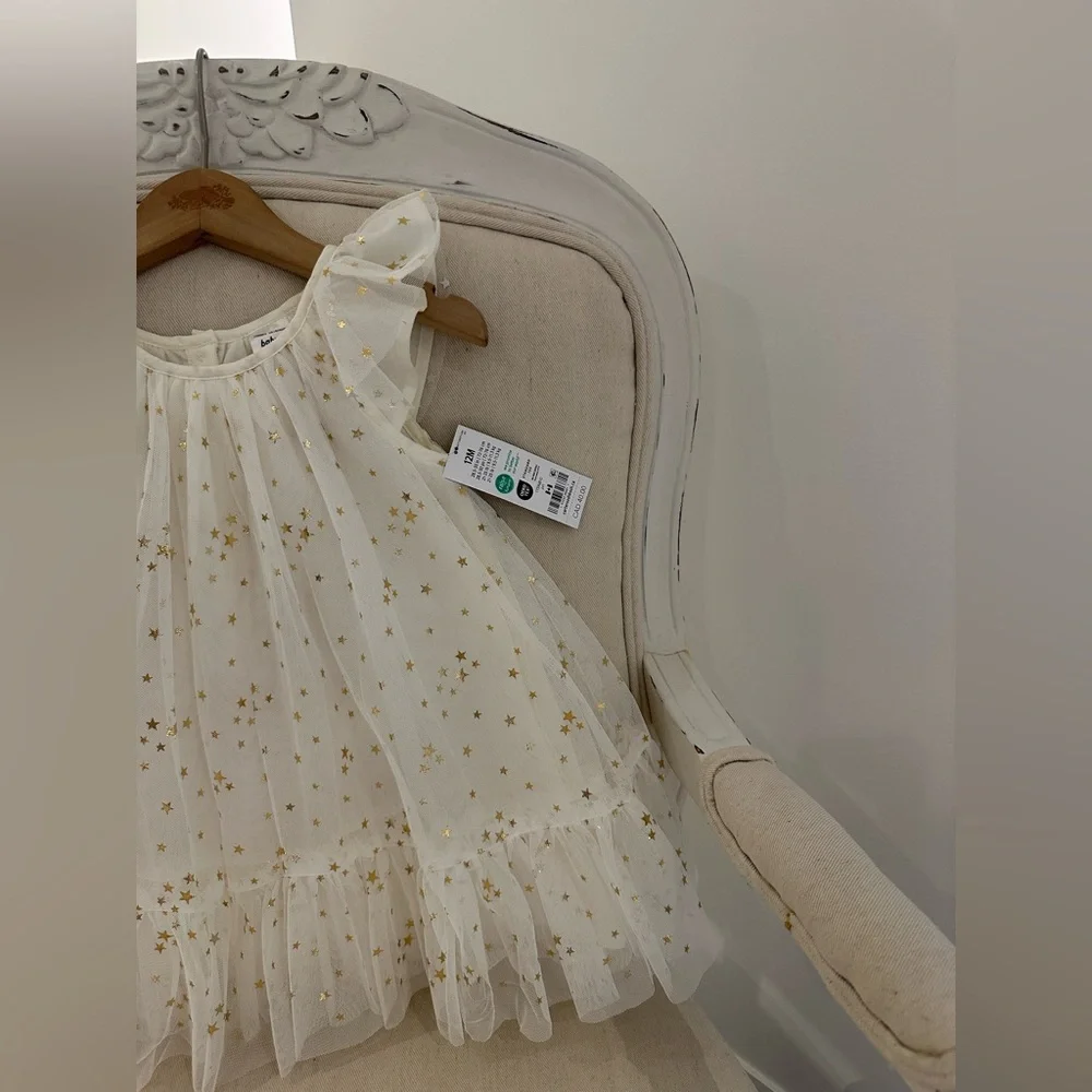 🦢 12 Mth Oshkosh Ivory Tulle Fancy Dress with Gold Star Details NWT - Picture 6 of 14